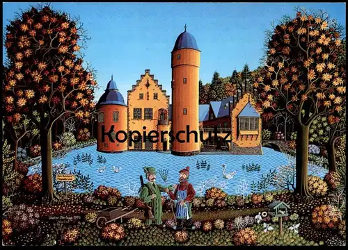 ÄLTERE KÜNSTLER POSTKARTE SCHLOSS MESPELBRUNN SPESSART DIETER BERLEPP 1976 HINTERGLASMALEREI Märchenschloss AK cpa