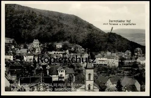 ALTE POSTKARTE LINDENFELS IM ODENWALD DARMSTÄDTER HOF UND BLICK VON DER BURG AUF DEN ORT Hotel Harfe AK cpa postcard