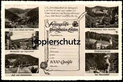 ÄLTERE POSTKARTE TRIBERG GRÜSSE VON SCHREIBFAULEN LEUTEN BLICK VOM HOHNEN DREIBAHNLINIE LUFT- UND SCHWIMMBAD DAMPFLOK AK