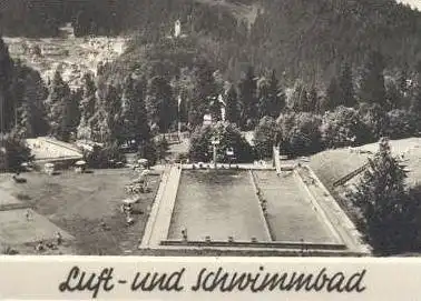 ÄLTERE POSTKARTE TRIBERG GRÜSSE VON SCHREIBFAULEN LEUTEN BLICK VOM HOHNEN DREIBAHNLINIE LUFT- UND SCHWIMMBAD DAMPFLOK AK