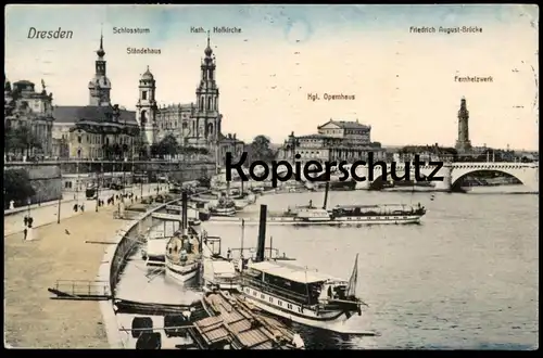 ALTE POSTKARTE DRESDEN 1911 DAMPFERANLEGESTELLE FERNHEIZWERK OPERNHAUS Dampfer steamship bateau à vapeur cpa postcard AK