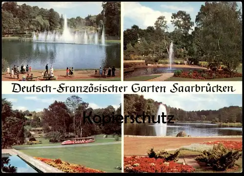 ÄLTERE POSTKARTE SAARBRÜCKEN DEUTSCH-FRANZÖSISCHER GARTEN jardin Zug train touristique locomotive Brunnen fontaine cpa