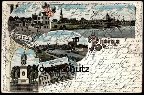 ALTE LITHO POSTKARTE GRUSS AUS RHEINE GYMNASIUM KRIEGERDENKMAL MARKTPLATZ EMS Total cpa postcard AK Ansichtskarte