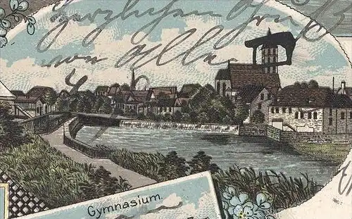 ALTE LITHO POSTKARTE GRUSS AUS RHEINE GYMNASIUM KRIEGERDENKMAL MARKTPLATZ EMS Total cpa postcard AK Ansichtskarte