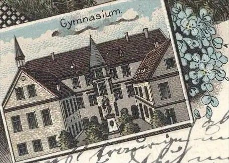 ALTE LITHO POSTKARTE GRUSS AUS RHEINE GYMNASIUM KRIEGERDENKMAL MARKTPLATZ EMS Total cpa postcard AK Ansichtskarte