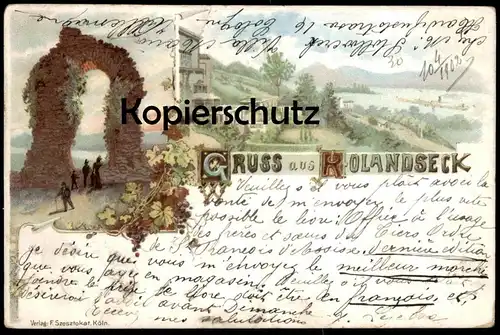 ALTE LITHO POSTKARTE GRUSS AUS ROLANDSECK RHEIN Rolandsbogen Dampfschiff Remagen 1904 Siebengebirge AK cpa Ansichtskarte