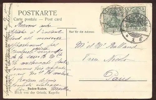 ALTE POSTKARTE BADEN-BADEN 1908 BLICK VON DER GRIECHISCHEN KAPELLE Person mit Hut hat chapeau view from greek chapel cpa