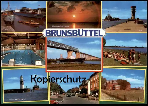 ÄLTERE POSTKARTE BRUNSBÜTTEL FRACHTSCHIFF SCHLEUSE HALLENBAD KANALBRÜCKE MOLE ABENDSTIMMUNG KOOGSTRASSE Ansichtskarte