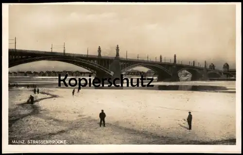 ALTE POSTKARTE MAINZ STRASSENBRÜCKE WINTER EIS ZUGEFRORENER RHEIN 1929 Schnee hiver ice frozen surface de glace postcard