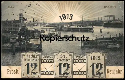 ALTE POSTKARTE HAMBURG HAFEN NACHTS VOR 12.12.1912 12 NEUJAHR 1913 new year nouvel an Ansichtskarte AK postcard cpa