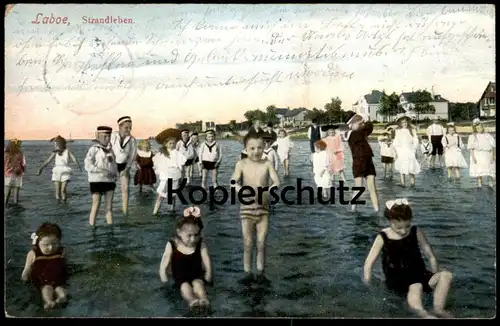 ALTE POSTKARTE LABOE KIEL STRANDLEBEN MODE Strand beach plage Kinder enfants children bathing costume fashion postcard