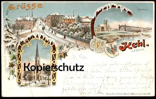 ALTE WINTER LITHO POSTKARTE GRUSS AUS KEHL SCHNEE GRÜSSE 1899 RHEINBRÜCKE Strassenbahn Winterlitho Ansichtskarte cpa AK