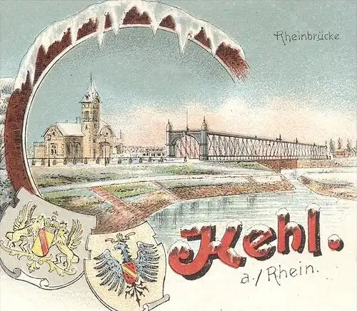 ALTE WINTER LITHO POSTKARTE GRUSS AUS KEHL SCHNEE GRÜSSE 1899 RHEINBRÜCKE Strassenbahn Winterlitho Ansichtskarte cpa AK