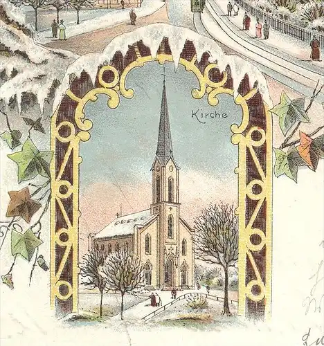 ALTE WINTER LITHO POSTKARTE GRUSS AUS KEHL SCHNEE GRÜSSE 1899 RHEINBRÜCKE Strassenbahn Winterlitho Ansichtskarte cpa AK