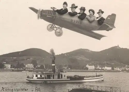 ALTE POSTKARTE KÖNIGSWINTER 1940 PHOTO MONTAGE Flugzeug Aviation Surréalisme Junkers Dampfer ship Ansichtskarte postcard