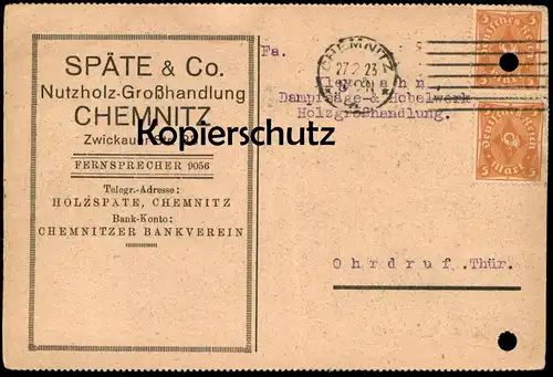 ALTE FIRMEN POSTKARTE CHEMNITZ SPÄTE & CO. 1923 NUTZHOLZ-GROSSHANDLUNG Holz wood nach Ohrdruf Ansichtskarte cpa postcard