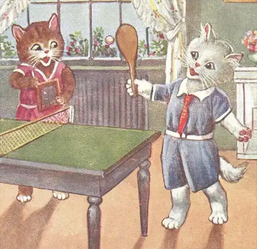 ALTE POSTKARTE KATZEN SPIELEN TISCHTENNIS Table tennis de table cat cats chat chats Katze globe cpa postcard