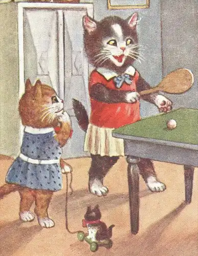 ALTE POSTKARTE KATZEN SPIELEN TISCHTENNIS Table tennis de table cat cats chat chats Katze globe cpa postcard