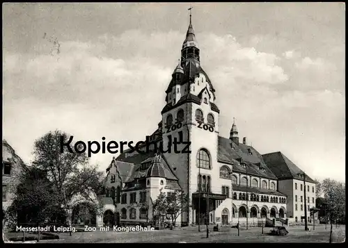 ÄLTERE POSTKARTE LEIPZIG ZOO MIT KONGRESSHALLE Tierpark Auto Deutsches Rotes Kreuz DRK red cross Ansichtskarte postcard