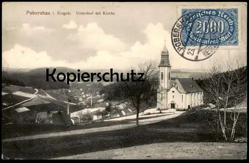 ALTE POSTKARTE POBERSHAU IM ERZGEBIRGE UNTERDORF MIT KIRCHE BRIEFMARKENHAUS OCHERNAL MARIENBERG SACHSEN AK postcard cpa