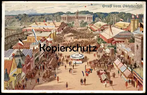 ALTE KÜNSTLER POSTKARTE MÜNCHEN GRUSS VOM OKTOBERFEST 1940 Flagge flag Achterbahn roller coaster Munich postcard cpa AK