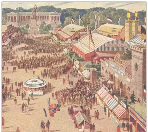 ALTE KÜNSTLER POSTKARTE MÜNCHEN GRUSS VOM OKTOBERFEST 193x Flagge flag Achterbahn roller coaster Munich postcard cpa AK