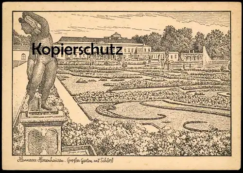 ALTE KÜNSTLER POSTKARTE HANNOVER HERRENHAUSEN GROSSER GARTEN MIT SCHLOSS BÜSTE 1945 Nachkriegskarte AK cpa postcard