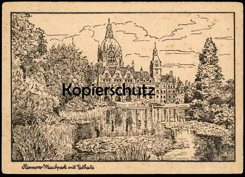 ALTE KÜNSTLER POSTKARTE HANNOVER MASCHPARK MIT RATHAUS 1945 Seerosen Nachkriegskarte AK Ansichtskarte postcard cpa