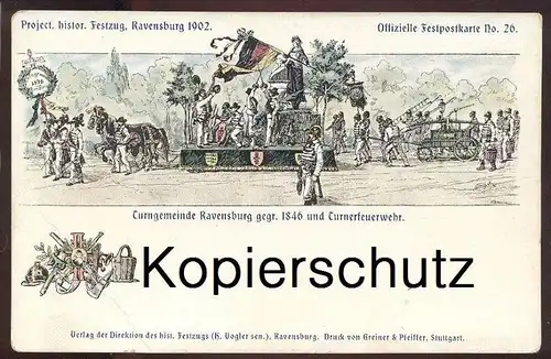 ALTE POSTKARTE RAVENSBURG FEUERWEHR corps de pompiers fire brigade Turner gymnast gymnaste Festzug 1902 postcard cpa