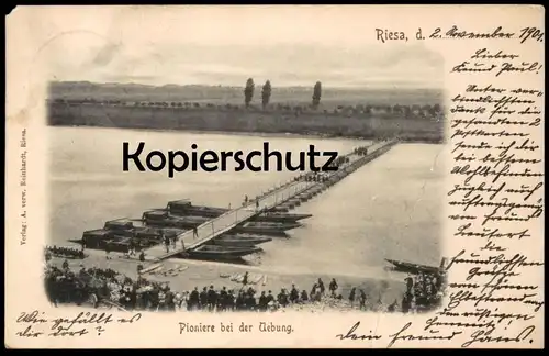 ALTE POSTKARTE RIESA PIONIERE BEI DER ÜBUNG PONTON Brücke bridge pont sapper sapeur military Soldaten AK postcard