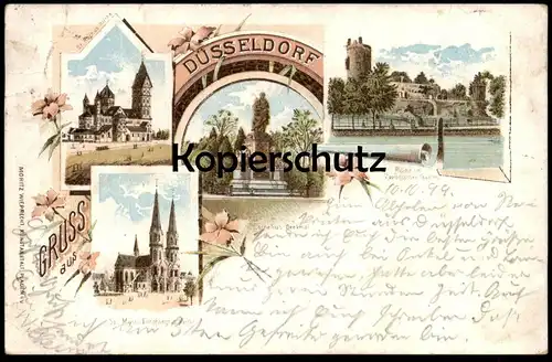 ALTE LITHO POSTKARTE GRUSS AUS DÜSSELDORF 1899 KIRCHE RUINE CORNELIUS DENKMAL monument AK Ansichtskarte postcard cpa