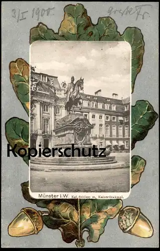 ALTE POSTKARTE MÜNSTER WESTFALEN KGL. SCHLOSS MIT KAISERDENKMAL castle monument Eiche oak chene akorn cpa postcard AK