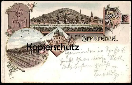 ALTE LITHO POSTKARTE GRUSS AUS GEMUENDEN 1898 BAHNHOF RATHHAUS WAPPEN TOTAL station gare blason Ansichtskarte postcard