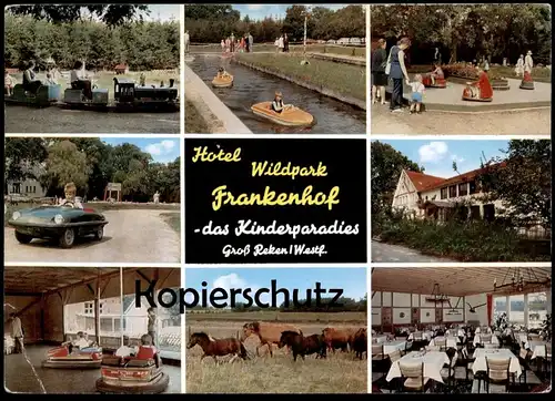 POSTKARTE HOTEL WILDPARK FRANKENHOF GROSS REKEN FREIZEITPARK Pferde Autoscooter leisure parc bumper car Eisenbahn train