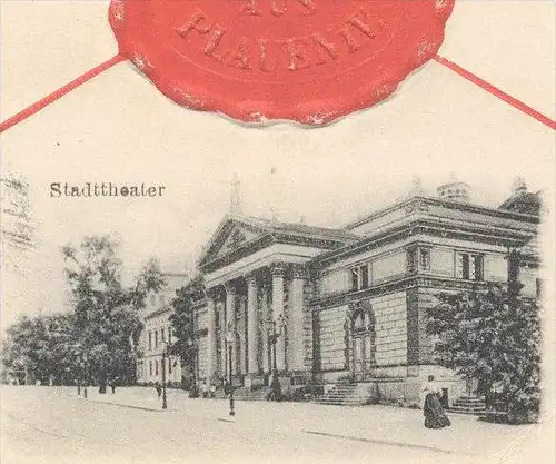 ALTE POSTKARTE GRUSS AUS PLAUEN SIEGEL THEATER SCHWARZER STEG MARKT seal sceau Prägekarte embossed cpa gaufrée gauffrée