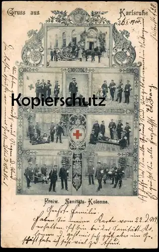 ALTE POSTKARTE GRUSS AUS KARLSRUHE FREIW. SANITÄTS-KOLONNE ambulance dog Hund chien ambulancier red cross Rotes Kreuz