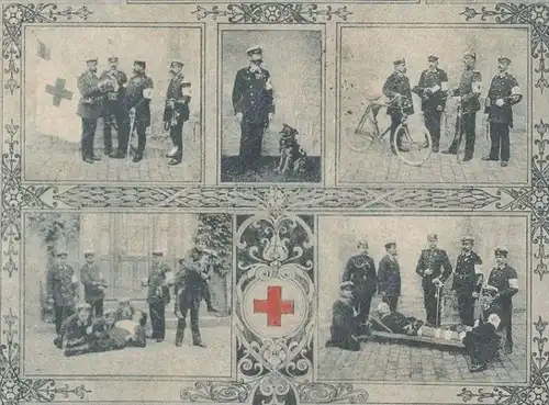 ALTE POSTKARTE GRUSS AUS KARLSRUHE FREIW. SANITÄTS-KOLONNE ambulance dog Hund chien ambulancier red cross Rotes Kreuz