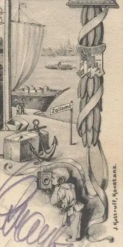 ALTE POSTKARTE GRUSS VOM XI. VERKEHRSBEAMTENFEST IN KONSTANZ 1906 sig. Wieber Post Telefon Zoll Lokomotive duty postcard