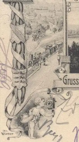 ALTE POSTKARTE GRUSS VOM XI. VERKEHRSBEAMTENFEST IN KONSTANZ 1906 sig. Wieber Post Telefon Zoll Lokomotive duty postcard