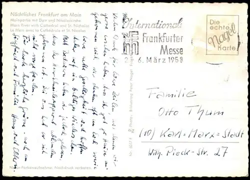 ÄLTERE POSTKARTE NÄCHTLICHES FRANKFURT MAIN MIT DOM & NIKOLAIKIRCHE BEI NACHT at night nuit Ansichtskarte postcard AK
