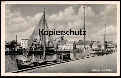 ALTE POSTKARTE WOLGAST AM HAFEN Fischerboot fishing boat barque de peche harbour port Usedom Ansichtskarte postcard cpa