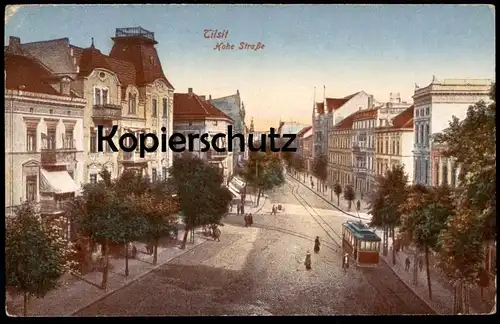 ALTE POSTKARTE TILSIT HOHE STRASSE STRASSENBAHN Tram Tramway Sowetsk Kaliningrad Ostpreussen cpa postcard Ansichtskarte