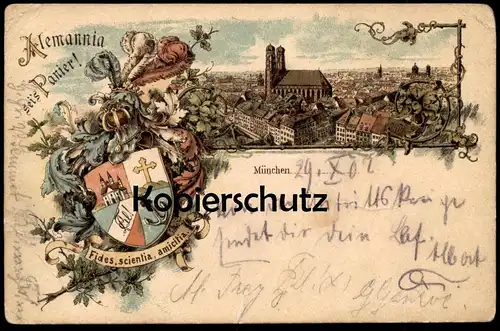 ALTE LITHO POSTKARTE MÜNCHEN STUDENTICA STUDENTIKA ALEMANNIA SEI'S PANIER Fides scientia amicitia Ansichtskarte postcard