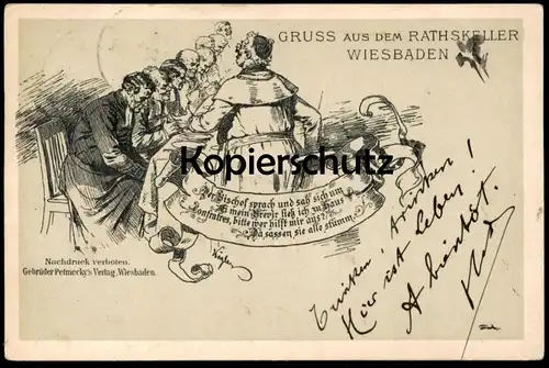 ALTE POSTKARTE GRUSS AUS DEM RATHSKELLER WIESBADEN 1903 BISCHOF Brevier bishop éveque humor humour Ratskeller  postcard