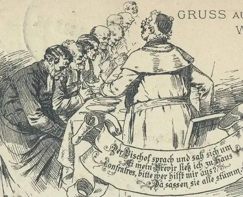 ALTE POSTKARTE GRUSS AUS DEM RATHSKELLER WIESBADEN 1903 BISCHOF Brevier bishop éveque humor humour Ratskeller  postcard
