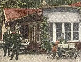 ALTE POSTKARTE POTSDAM WALDSCHÄNKE ZU DEN JÄGERSCHIESSSTÄNDEN BEKANNTER ALKOHOL KREUZOTTERSCHNAPS Uniform Jäger Soldat