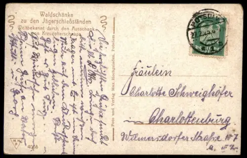 ALTE POSTKARTE POTSDAM WALDSCHÄNKE ZU DEN JÄGERSCHIESSSTÄNDEN BEKANNTER ALKOHOL KREUZOTTERSCHNAPS Uniform Jäger Soldat