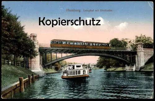 ALTE POSTKARTE HAMBURG WINTERHUDE LEINPFAD MIT HOCHBAHN BAHN SCHIFF Train Zug Lokomotive Feldpost 1915 cpa postcard AK