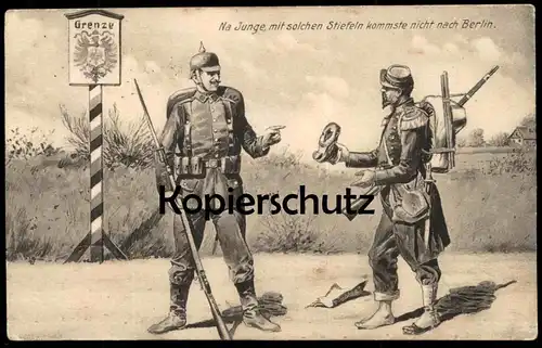 ALTE POSTKARTE SOLDATEN GRENZE BERLIN HUMOR Uniform Soldat Stiefel botte boot border humour soldier uniforme Feldpost AK