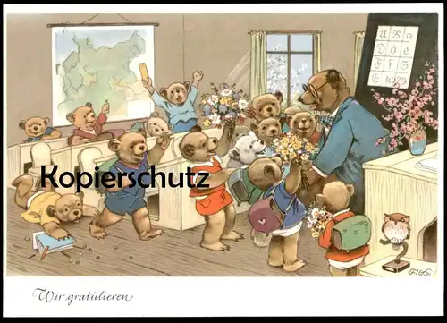 ÄLTERE POSTKARTE TEDDYBÄRENSCHULE TEDDY BÄR EULE OWL School Beer Bear Ours Oso Nounours Bären Ansichtskarte cpa postcard